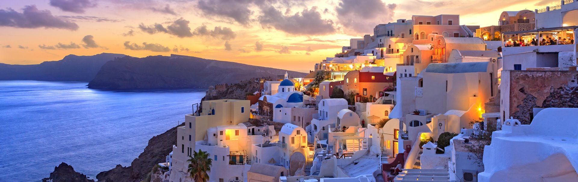 Santorini sunset at dawn village of Oia Greece