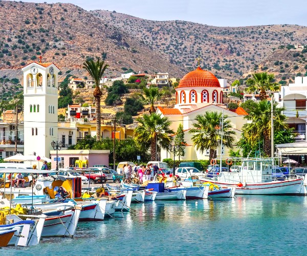 View of Elounda harbor in Crete