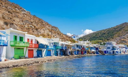 Klima Village, Colorful Syrmata Houses on the Seaside in Milos