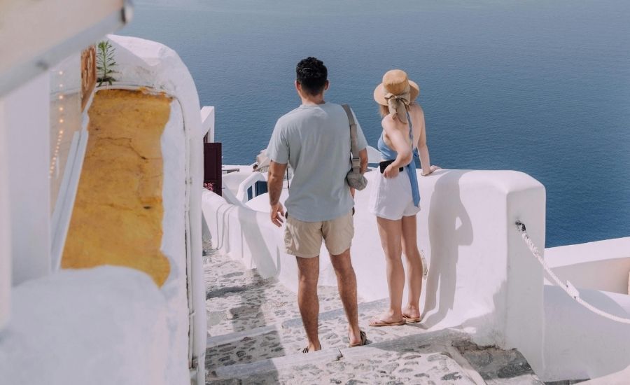 Couple walking down stairs